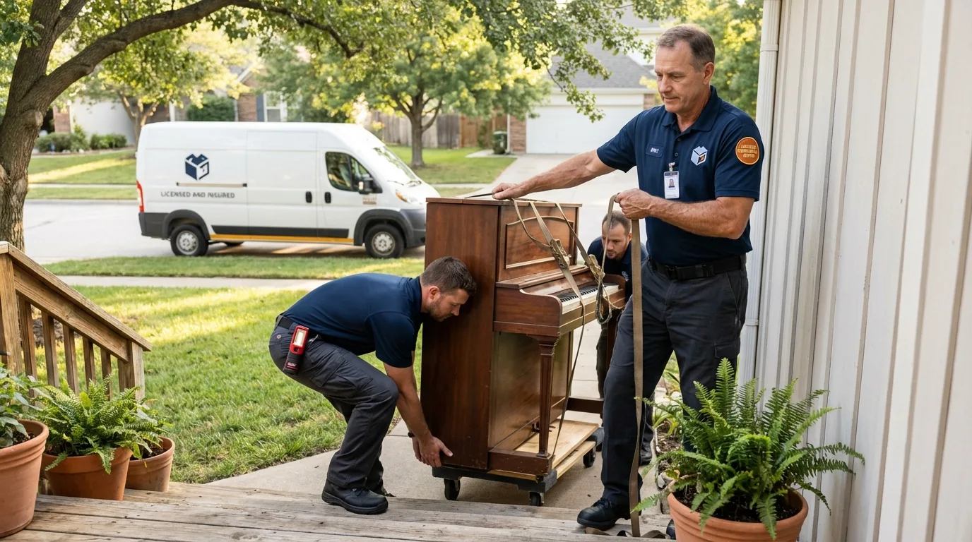 Licensed piano movers securing grand piano in Woodward, OK