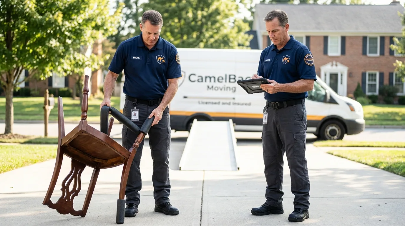Movers inspecting furniture for damage prevention before loading in Woodward, OK