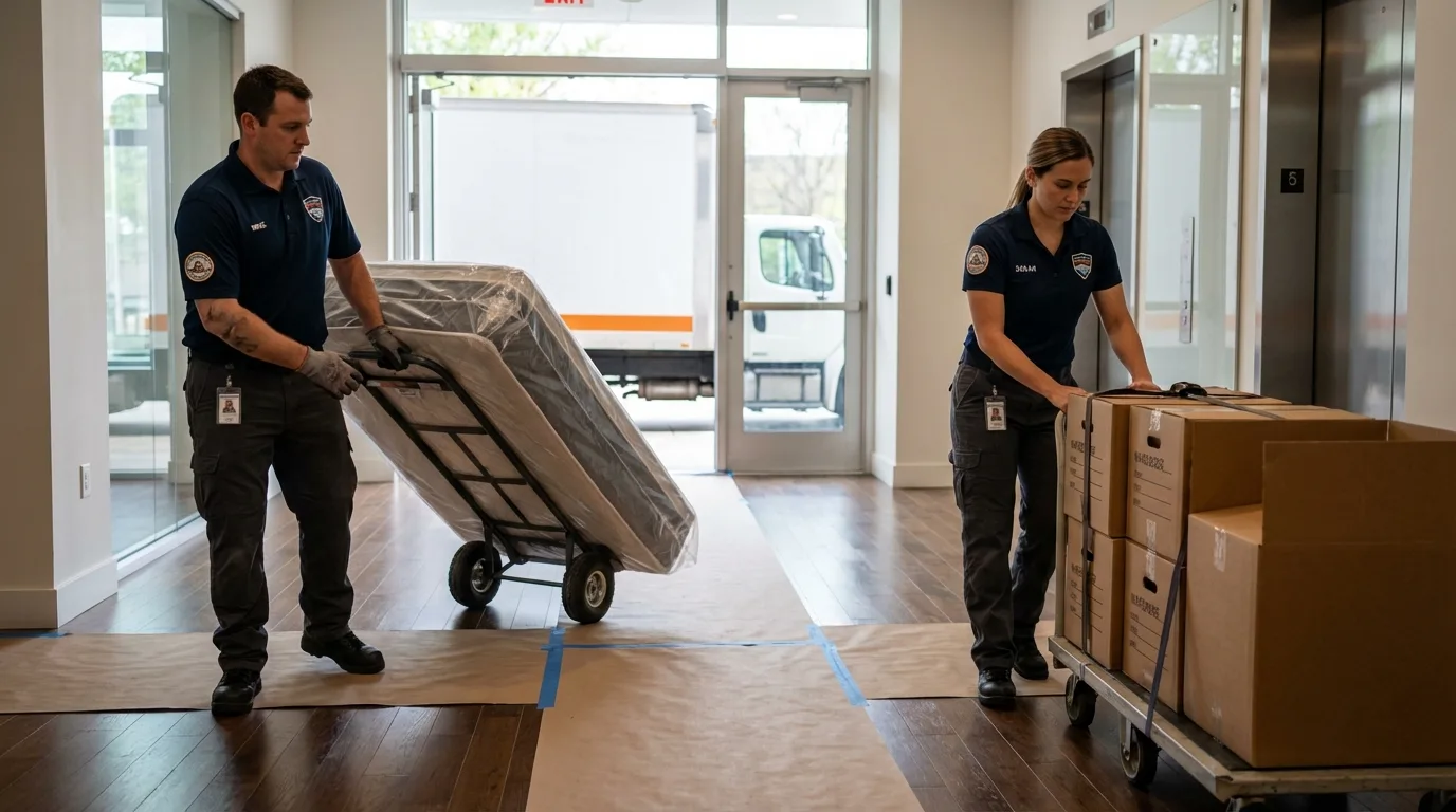 Professional apartment movers loading elevator in Woodward, OK